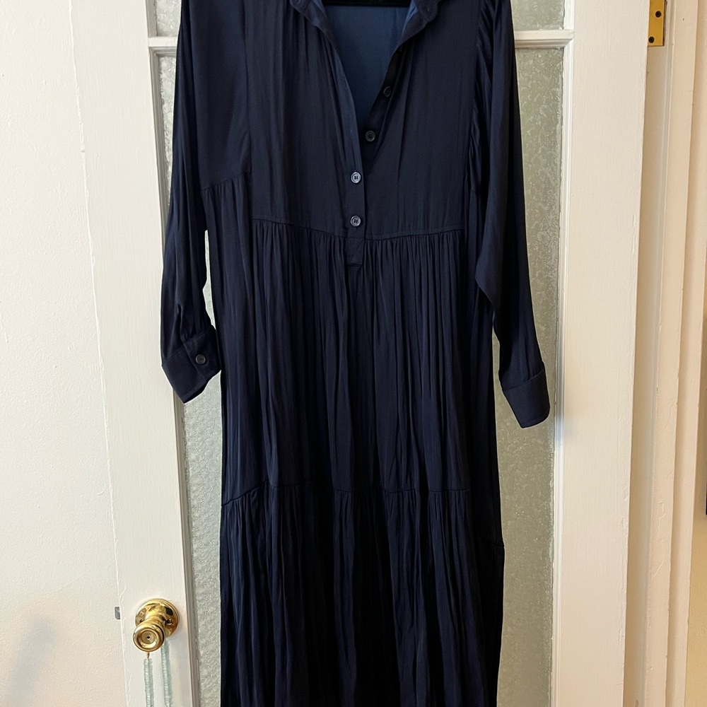 Taylor Silky Navy Blue Long Sleeve Flowy Dress